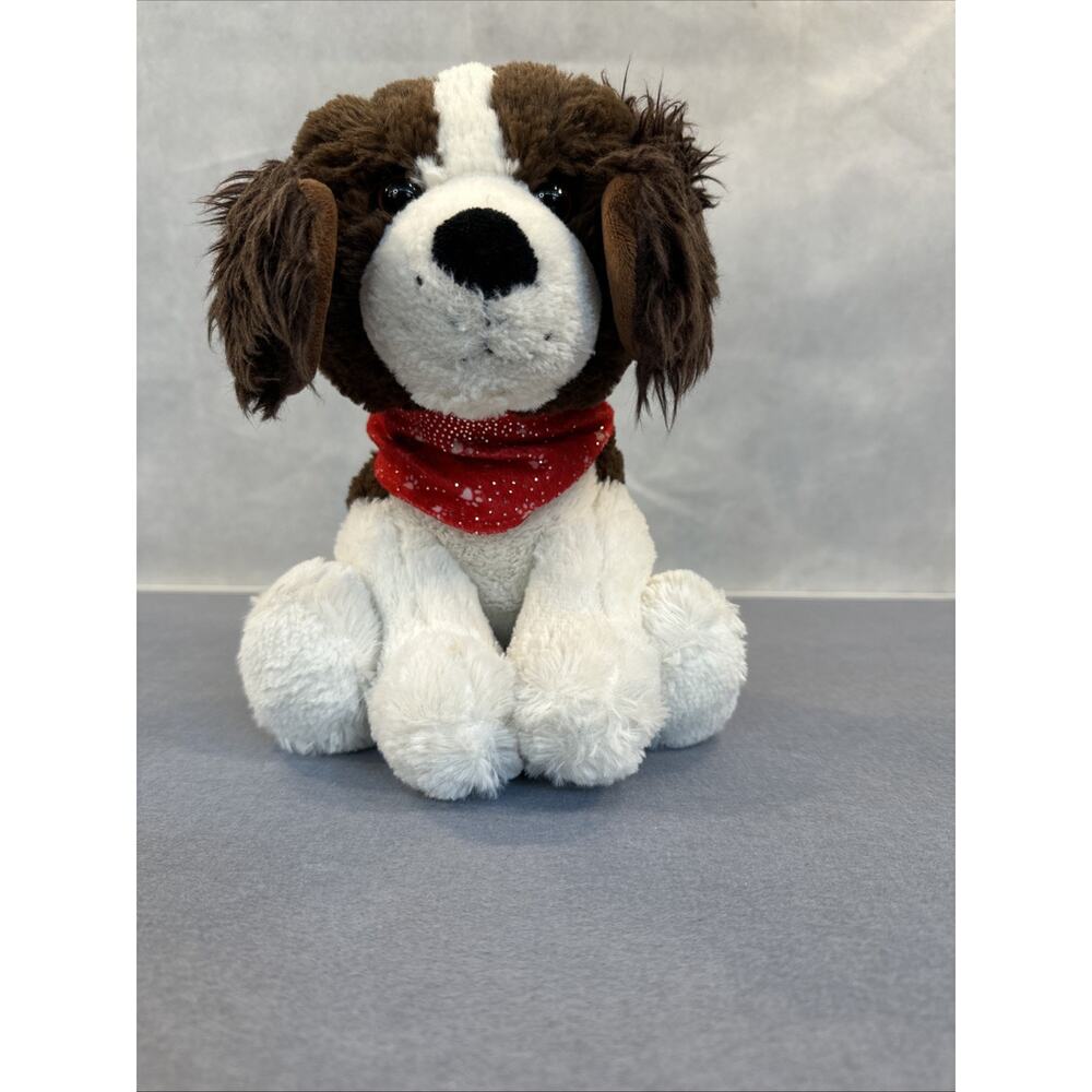 Brown White Red Paw Glitter Scarf Puppy Dog Plush Stuffed Animal 10"